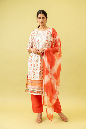 White Cotton Readymade Suit And Pant With Cotton Dupatta