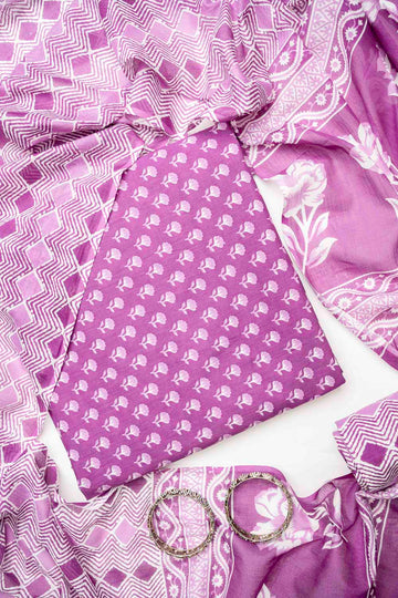 Mauve Cotton Unstitched Salwar Suit With Cotton Dupatta