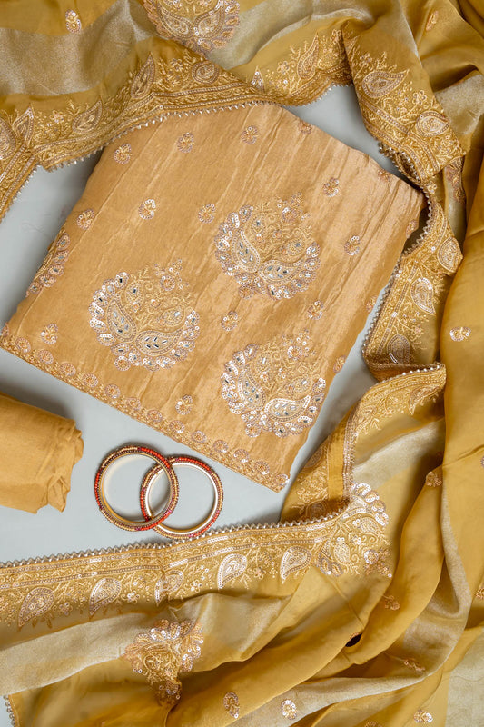 Mustard Shimmer Unstitched Salwar Suit With Chinon Dupatta