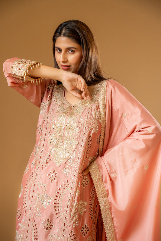 Gajari Chinon Readymade Suit And Palazzo With Chinon Dupatta