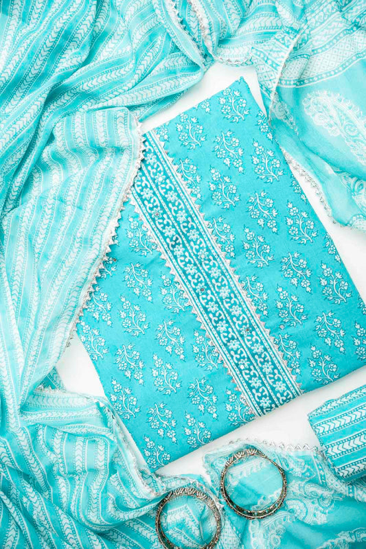 Light Firozi Cotton Unstitched Salwar Suit With Cotton Dupatta