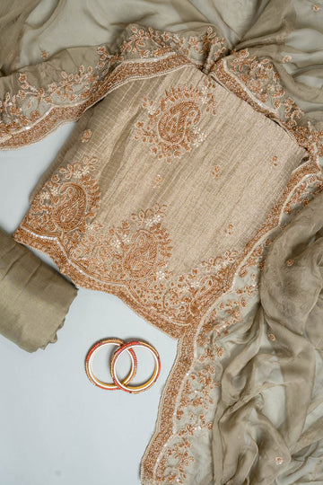 Olive Shimmer Unstitched Salwar Suit With Cotton Dupatta