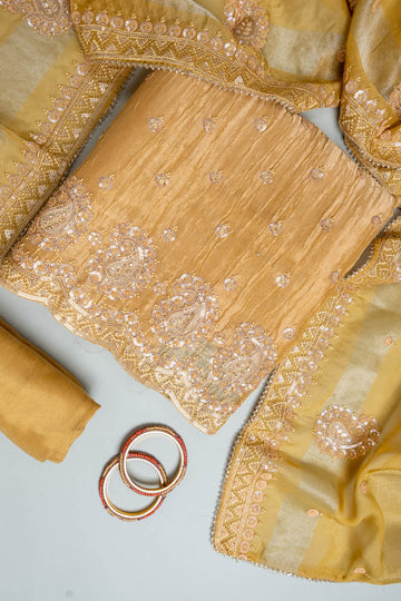 Mustard Shimmer Unstitched Salwar Suit With Chinon Dupatta