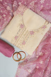 Off White Gajari Organza Unstitched Salwar Suit With Cotton Dupatta