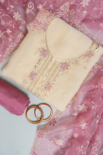 Off White Gajari Organza Unstitched Salwar Suit With Cotton Dupatta