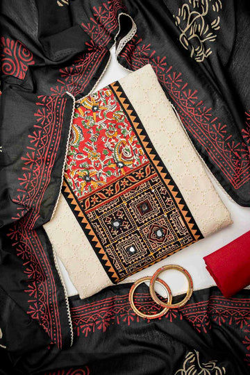 Tussar Black Cotton Unstitched Salwar Suit With Cotton Dupatta