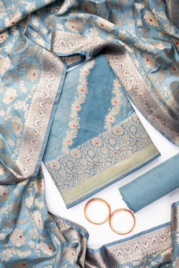Grey Banarasi Silk Unstitched Salwar Suit With Silk Dupatta