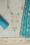 Off White Tea Green Organza Unstitched Salwar Suit With Cotton Dupatta