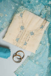 Off White Tea Green Organza Unstitched Salwar Suit With Cotton Dupatta