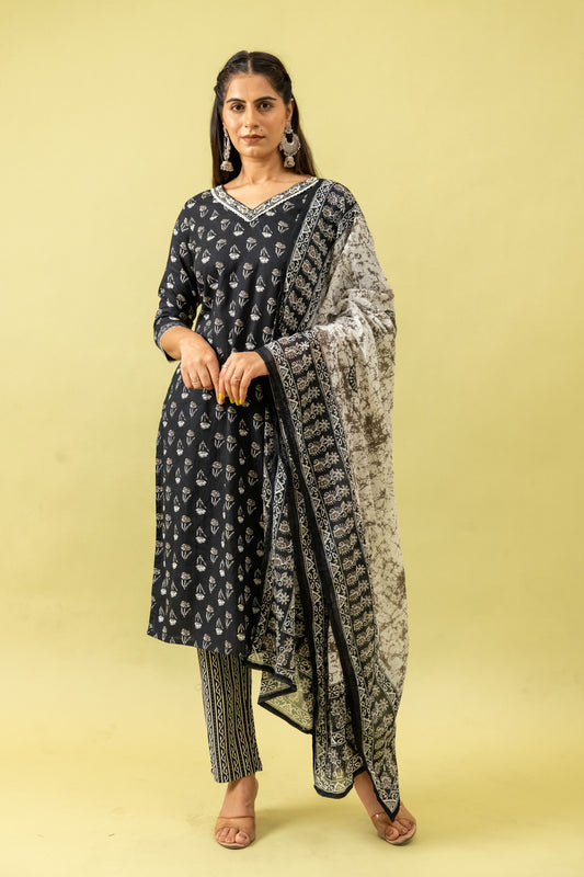 Black Cotton Readymade Suit And Pant With Cotton Dupatta