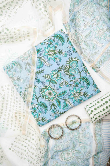 Blue Grey Cotton Unstitched Salwar Suit With Cotton Dupatta