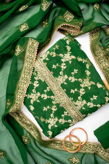 Bottle Green Dola Unstitched Salwar Suit With Organza Dupatta