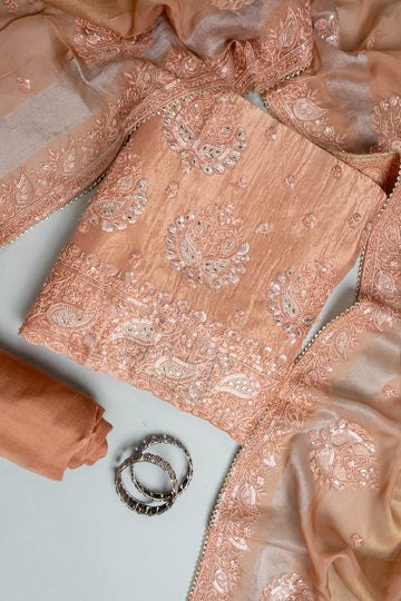 Peach Shimmer Unstitched Salwar Suit With Chinon Dupatta