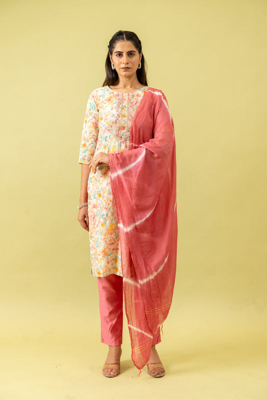 Off White Cotton Readymade Suit And Pant With Cotton Dupatta