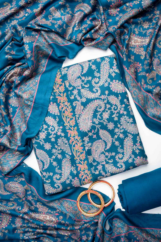 Blue Pashmina Unstiched Salwar Suit With Pashmina Dupatta