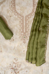 Tussar Pista Organza Unstitched Salwar Suit With Chinon Dupatta
