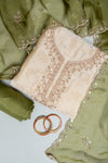 Tussar Pista Organza Unstitched Salwar Suit With Chinon Dupatta