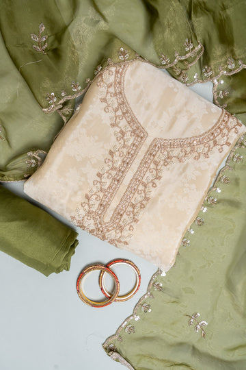 Tussar Pista Organza Unstitched Salwar Suit With Chinon Dupatta