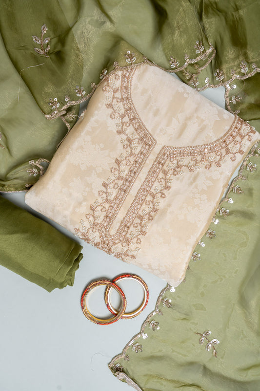 Tussar Pista Organza Unstitched Salwar Suit With Chinon Dupatta