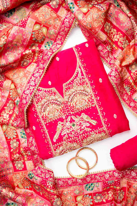 Rani Cotton Unstitched Salwar Suit With Dola Silk Dupatta