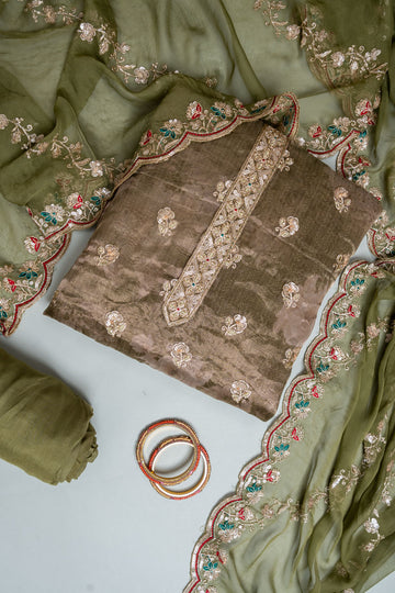 Mehendi Organza Unstitched Salwar Suit With Chiffon Dupatta