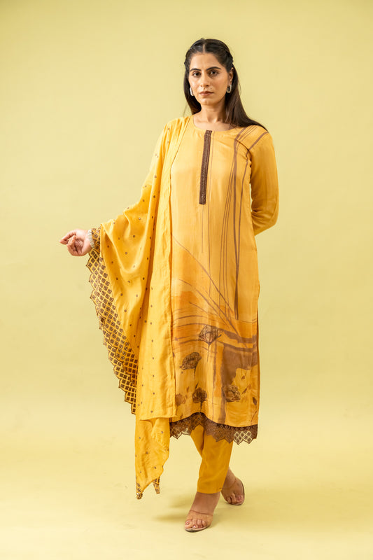 Mustard Gold Cotton Readymade Suit And Pant With Cotton Dupatta