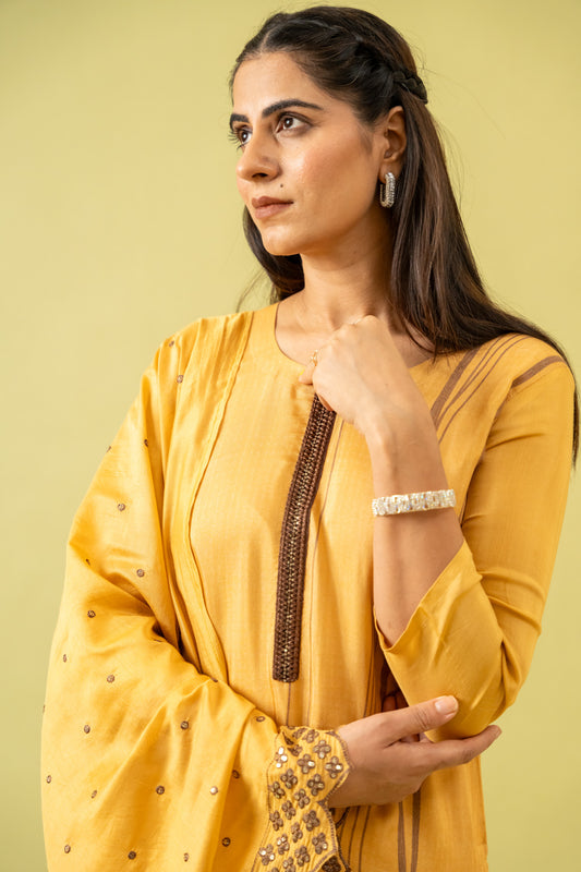 Mustard Gold Cotton Readymade Suit And Pant With Cotton Dupatta