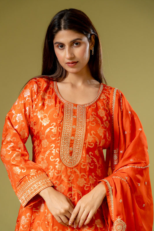 Orange Georgette Readymade Suit And Palazzo With Georgette Dupatta