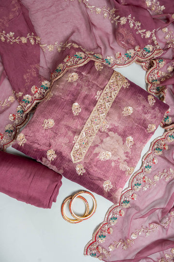 Garnet Organza Unstitched Salwar Suit With Chiffon Dupatta