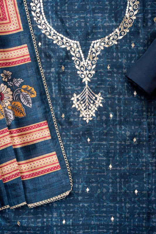 Navy Blue Cotton Unstitched Salwar Suit With Cotton Dupatta