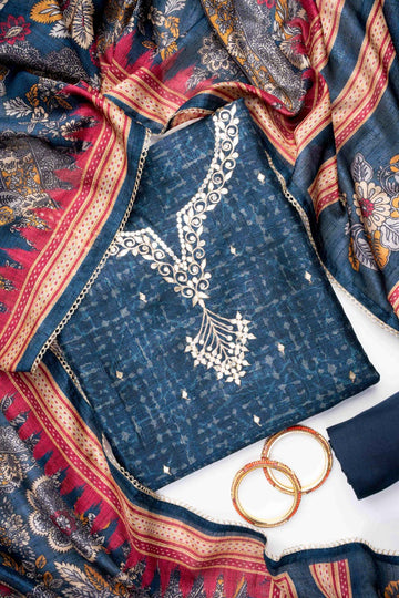 Navy Blue Cotton Unstitched Salwar Suit With Cotton Dupatta