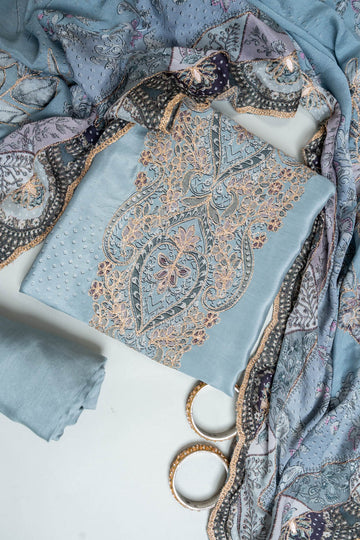 Grey Crepe Unstitched Salwar Suit With Crepe Dupatta