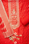 Red Crepe Unstitched Salwar Suit With Dola Silk Dupatta