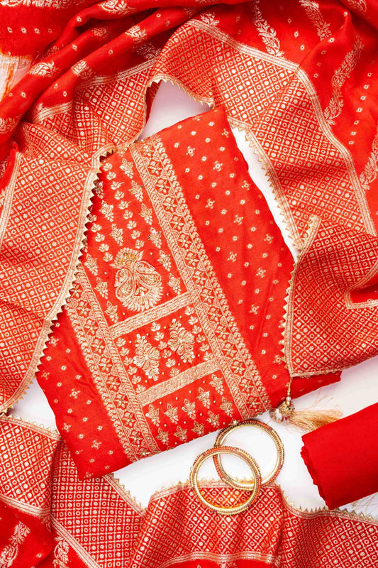 Red Crepe Unstitched Salwar Suit With Dola Silk Dupatta