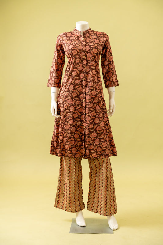 Garnet Floral Printed Cotton Kurti With Pant