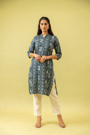 Grey Digital Printed Cotton Readymade Long Kurta