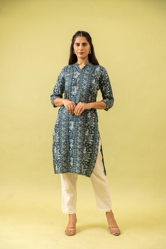 Grey Digital Printed Cotton Long Kurta