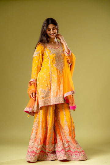 Mango Gold Crepe Readymade Sharara Set With Net Dupatta