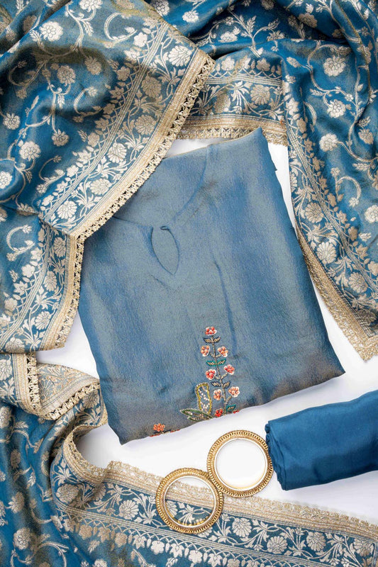 Grey Crepe Tissue Unstitched Salwar Suit With Tissue Dupatta