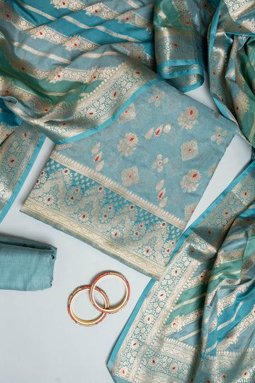 Grey Banarasi Silk Unstitched Suit Salwar With Silk Dupatta