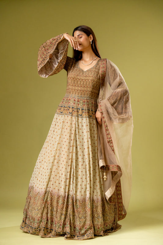 Tussar Crepe Readymade Suit With Net Dupatta