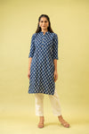 Indigo Blue Floral Printed Cotton Readymade Long Kurta