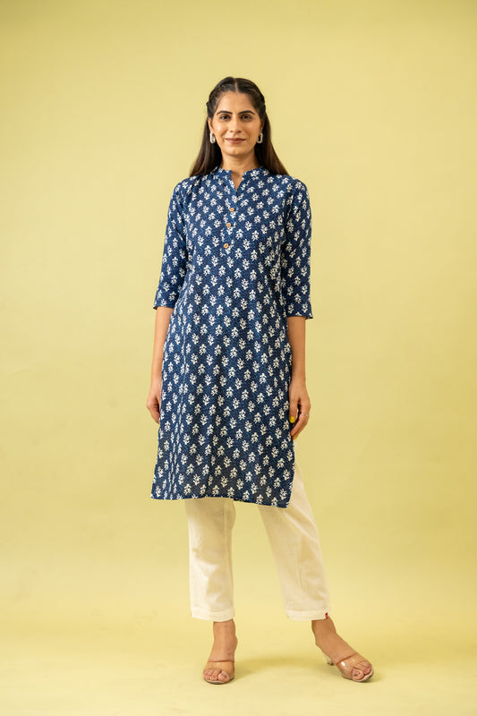 Indigo Blue Floral Printed Cotton Long Kurta