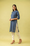 Indigo Blue Floral Printed Cotton Readymade Long Kurta