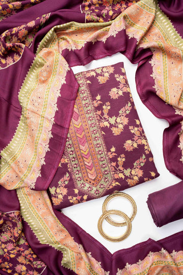 Garnet Pashmina Unstitched Salwar Suit With Pashmina Dupatta