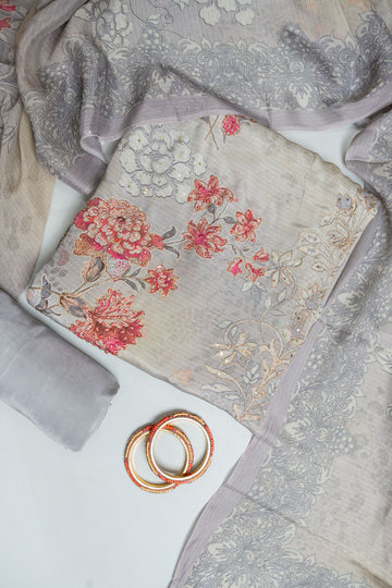 Grey Crepe Unstitched Salwar Suit With Chinon Dupatta