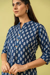 Indigo Blue Floral Printed Cotton Readymade Long Kurta