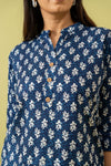 Indigo Blue Floral Printed Cotton Readymade Long Kurta