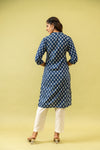 Indigo Blue Floral Printed Cotton Readymade Long Kurta