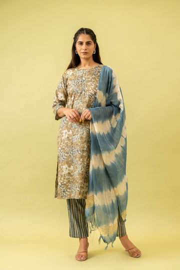 Olive Cotton Readymade Suit And Pant With Cotton Dupatta